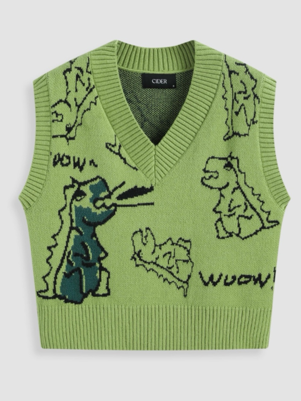 Cider Lime Green V-Neck Knit Vest with Dino Graphic